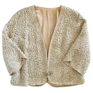 Vintage Handmade Cream Silk Ribbon Woven Capelet Box Jacket - Women's Size M/L
